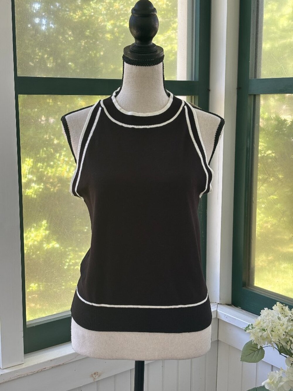 Miholl Black Knit Tank White Contrast Trim NWT Large Old Money Aesthetic